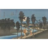 A Japanese woodblock print titled Dusk Scene in Numazu, first created by Utagawa Hiroshige (1797-