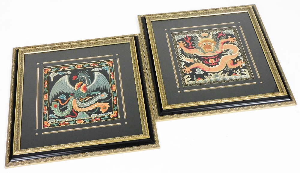 A pair of 20thC Chinese silk embroideries, in the style of rank badges depicting a dragon with