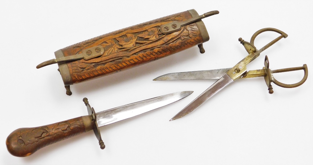 Three Indian teak knife & scissor sets, two on brass supports and pistol grip dagger, 29cm and - Image 4 of 7