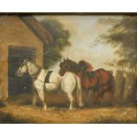 19thC English School. Horses in a farmyard before barn and trees, oil on tin, unsigned, 18cm x