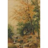 A.E. Boler (fl.1904). Stream before trees, watercolour, signed, 51cm x 35cm.