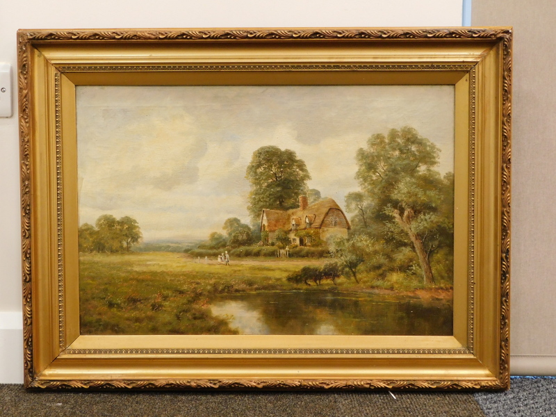 H. Johnston (19thC School). Lake and figures on a path before cottage and trees, oil on canvas, - Image 2 of 3
