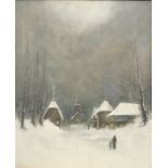 Nils Hans Christiansen (1850-1922). Winter scene, figures on a path before houses and church, oil,