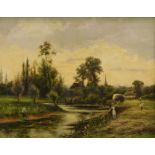 Ernest Walbourn (1872-1927). Figures and cattle with calm stream before trees with spire in the