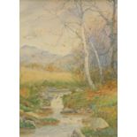 Albert Kinsley (1852-1945). Calm stream before trees and mountains, watercolour, signed, 36cm x