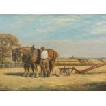 Robin Wheeldon (b.1945). October morning, Suffolk mares with Cooke (Lincoln) plough, oil on board,