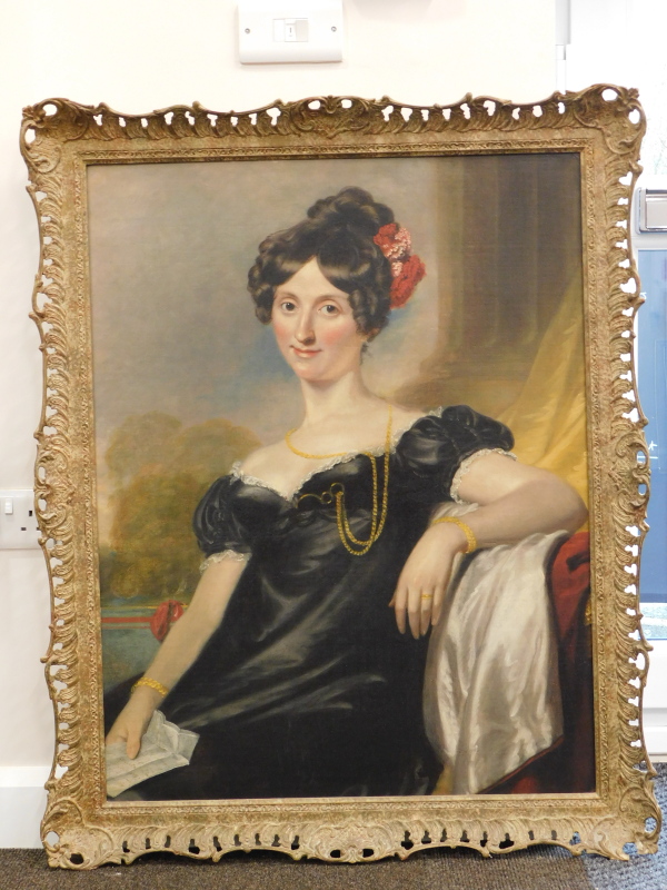 19thC Salisbury School. Portrait of a lady, quarter profile, dressed in finery holding a note, oil - Image 2 of 3