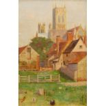Thomas George Storey (1865-1935). Lincoln Cathedral from The Adam and Eve, oil on board, 38cm x 24.