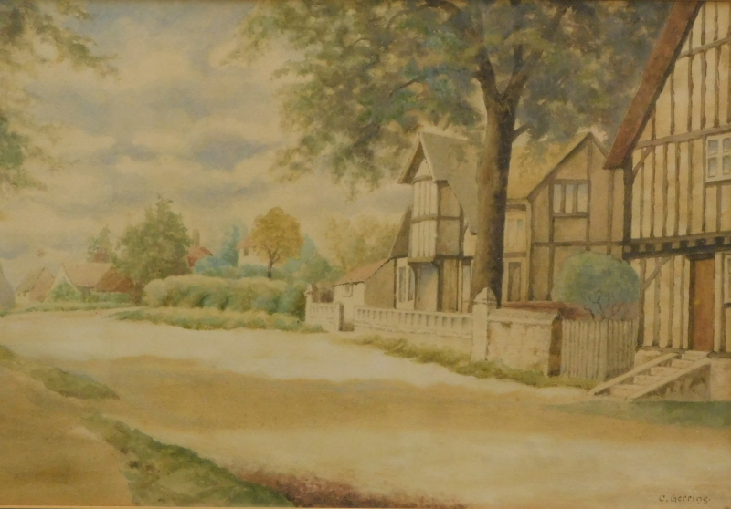 C. Gering (20thC English School). Path before Tudor buildings and trees, watercolour, signed, 25cm x