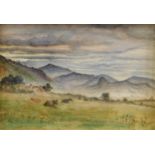 John Henry Hill (1839-1922). Grazing cattle before farm buildings and hills, watercolour, signed,