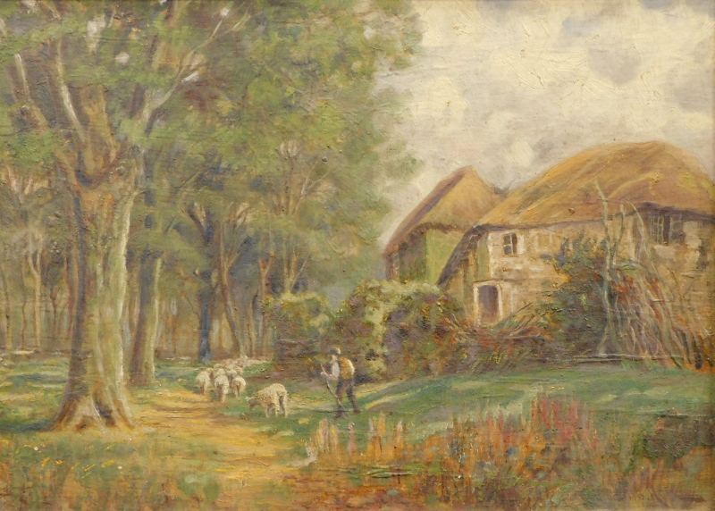 John Henry Hill (1839-1922). Figure driving sheep on a path before cottage and trees, oil on