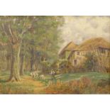John Henry Hill (1839-1922). Figure driving sheep on a path before cottage and trees, oil on