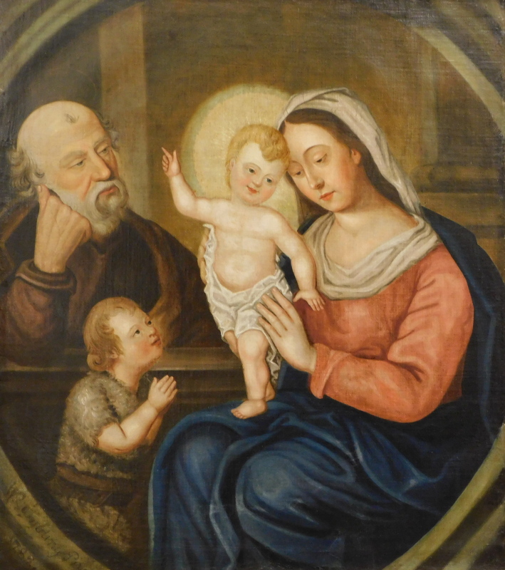 18thC School. The Madonna and Child with St Joseph. Oil on canvas, indistinctly signed and dated