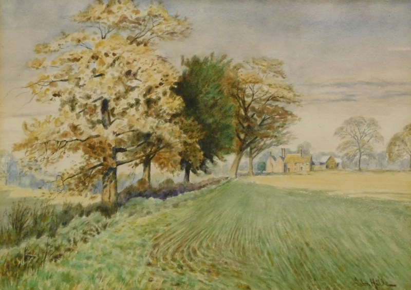 John Henry Hill (1839-1922). Trees before a farmhouse, watercolour, signed, 25cm x 34cm and a