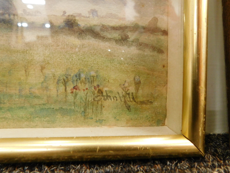 John Henry Hill (1839-1922). Grazing cattle before farm buildings and hills, watercolour, signed, - Image 3 of 4