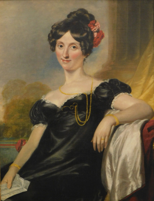 19thC Salisbury School. Portrait of a lady, quarter profile, dressed in finery holding a note, oil