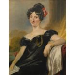 19thC Salisbury School. Portrait of a lady, quarter profile, dressed in finery holding a note, oil