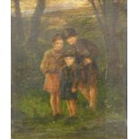 19thC English School. Figures of children in a forest before bridge, unsigned, oil on canvas, 25cm x