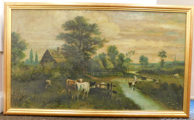 Llewellyn Cole (Early 20thC School). Cattle before fisherwoman at a stream, thatched cottages and - Image 2 of 4