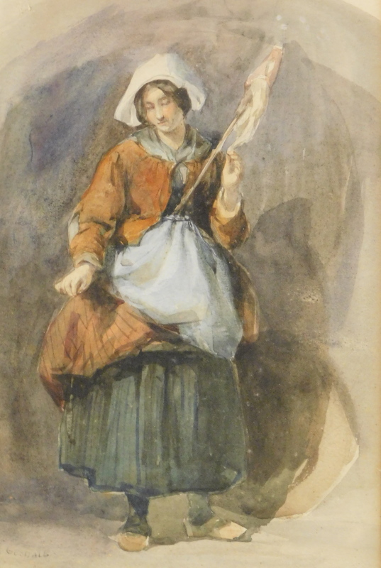 Frederick Goodall (1822-1904). A figure of a lady standing, watercolour, signed, label to the