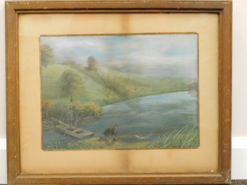 Early 20thC School. Figures fishing on a calm stream before hills, gouache, unsigned, 30cm x 39cm. - Image 2 of 3