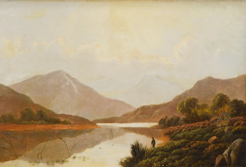 Charles Leslie (1839-1886). Mountainous scene, figure before meandering lake with clouds