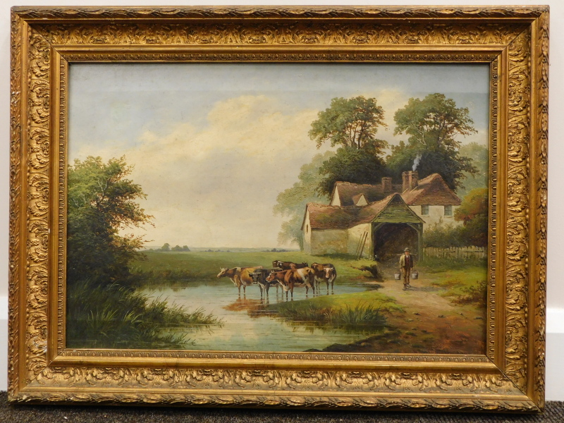 William P. Cartwright (1855-1915). Farm buildings on The Thames, Richmond, Surrey, oil on canvas, - Image 2 of 6