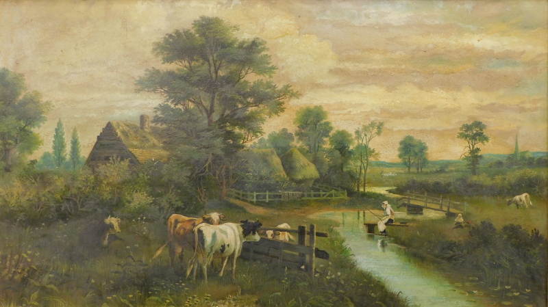 Llewellyn Cole (Early 20thC School). Cattle before fisherwoman at a stream, thatched cottages and