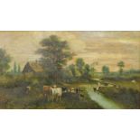 Llewellyn Cole (Early 20thC School). Cattle before fisherwoman at a stream, thatched cottages and