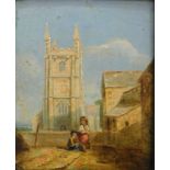 Attributed to R.P. Bonnington. Figures before church on a summer's day, oil on board, unsigned, 18cm