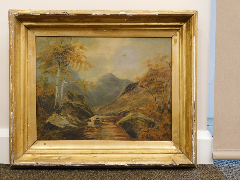 M.D. (19thC English School). Stream and trees before mountains with clouds gathering, oil on canvas, - Image 2 of 4