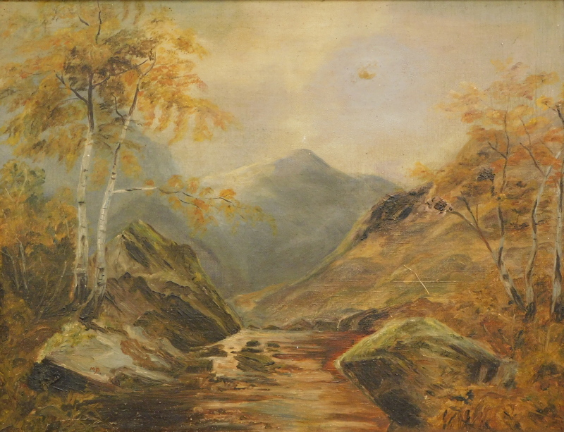 M.D. (19thC English School). Stream and trees before mountains with clouds gathering, oil on canvas,