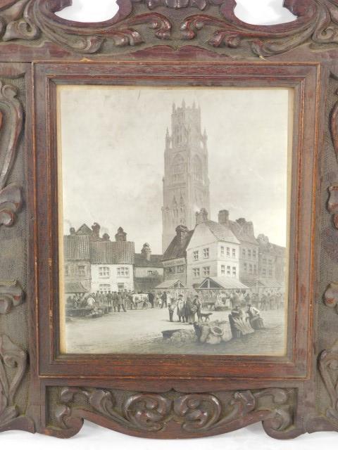An Art Nouveau picture frame, carved with scrolling leaves, set with a print of the Boston Stump and - Image 2 of 3