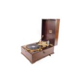 An early 20thC quarter veneered mahogany cased His Master's Voice No 4 table top gramophone, for The