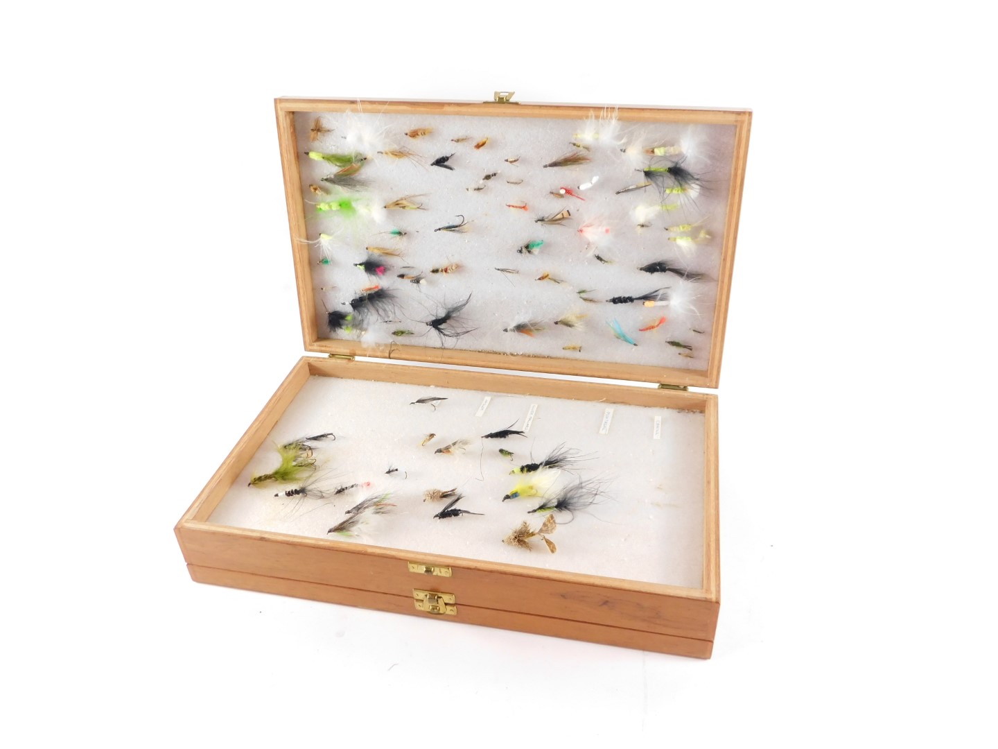 A large double plywood fly box, and a selection of various flies.