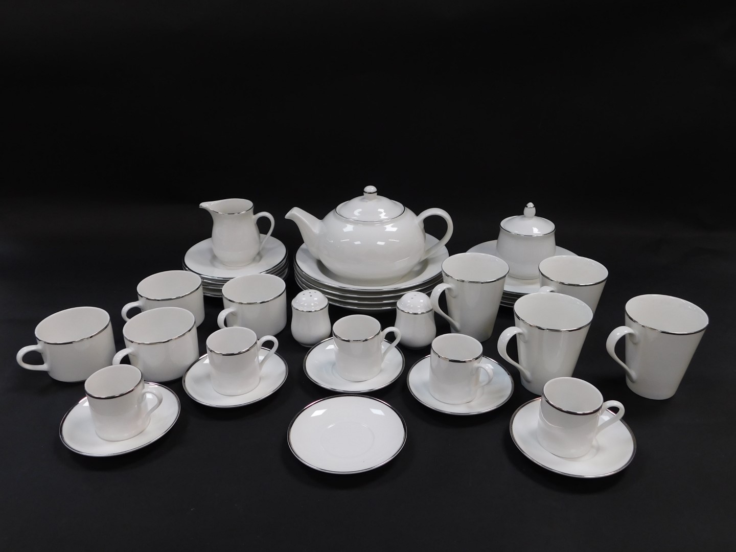 A Maxwell Williams porcelain part breakfast service, decorated in the White Platinum pattern, - Image 2 of 6