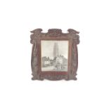 An Art Nouveau picture frame, carved with scrolling leaves, set with a print of the Boston Stump and