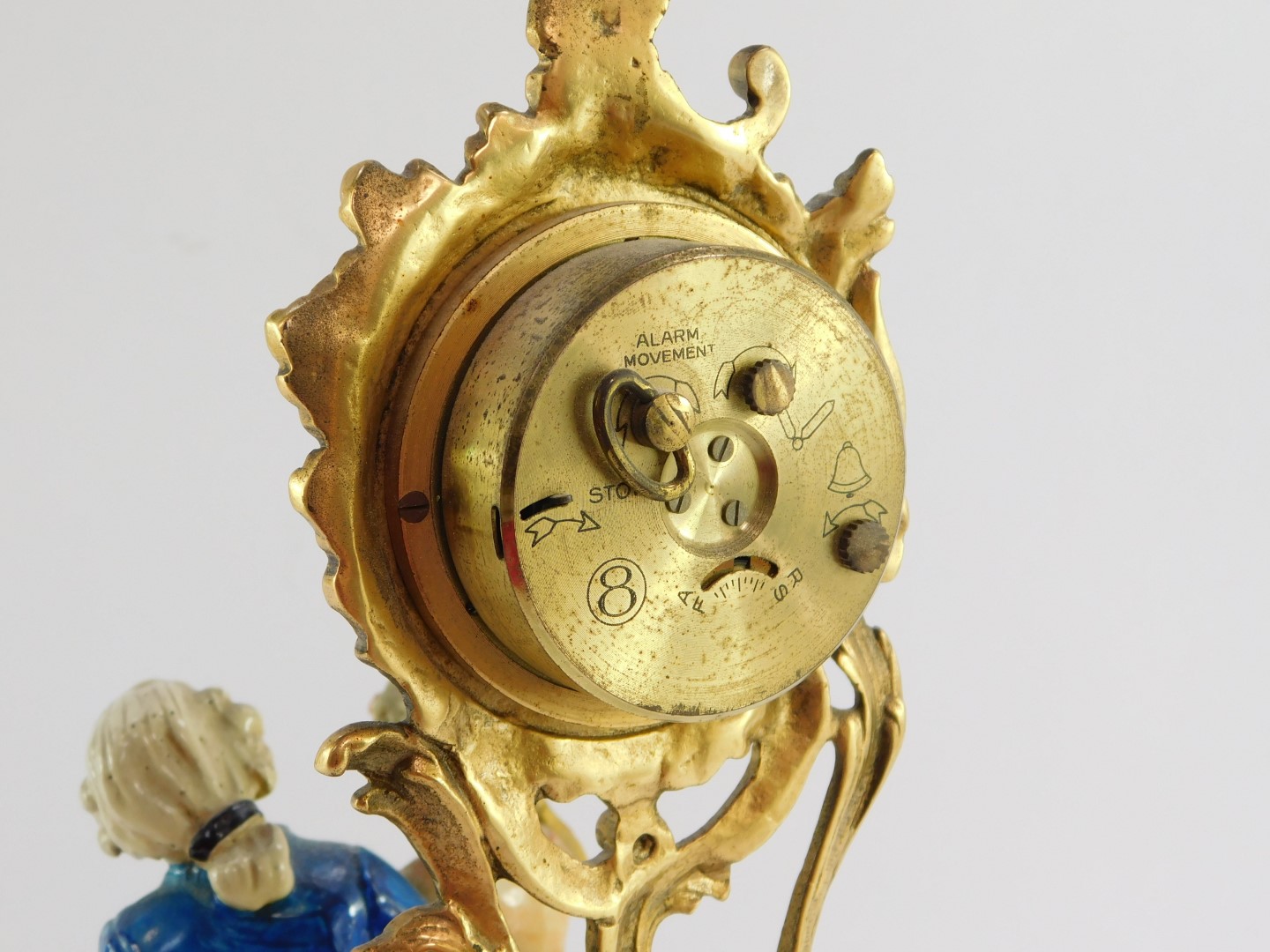 A French 20thC figural mantel clock, enamel circular dial bearing Roman and Arabic numerals, - Image 3 of 10