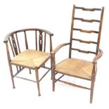 A 19thC oak and rush seated ladder back carver chair, together with an oak and rush seated corner