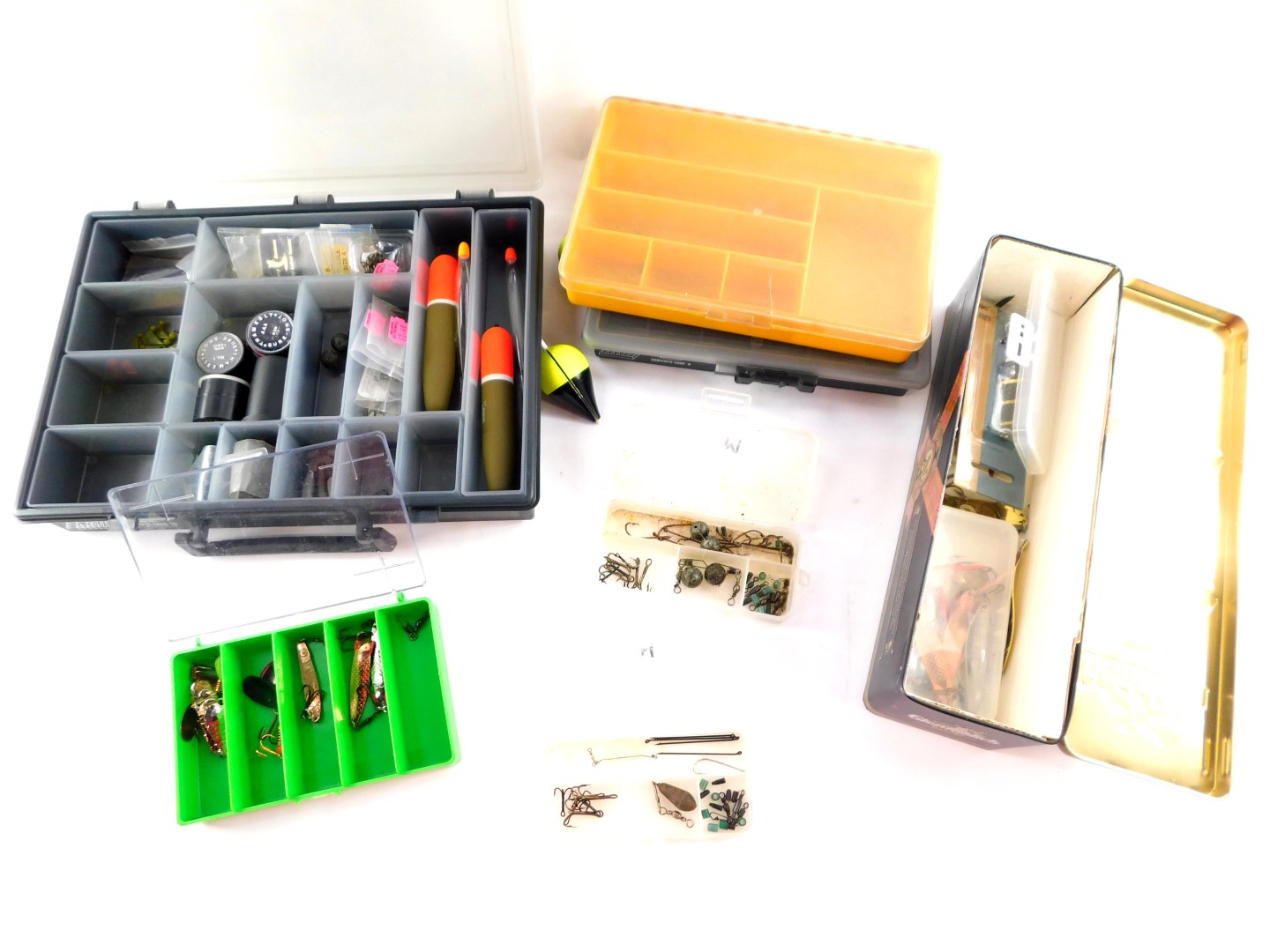 Fishing tackle boxes, pike floats, weights, etc. (a quantity)