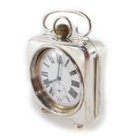 An Edward VII silver Goliath pocket watch clock case, of square section with C scroll loop handle,