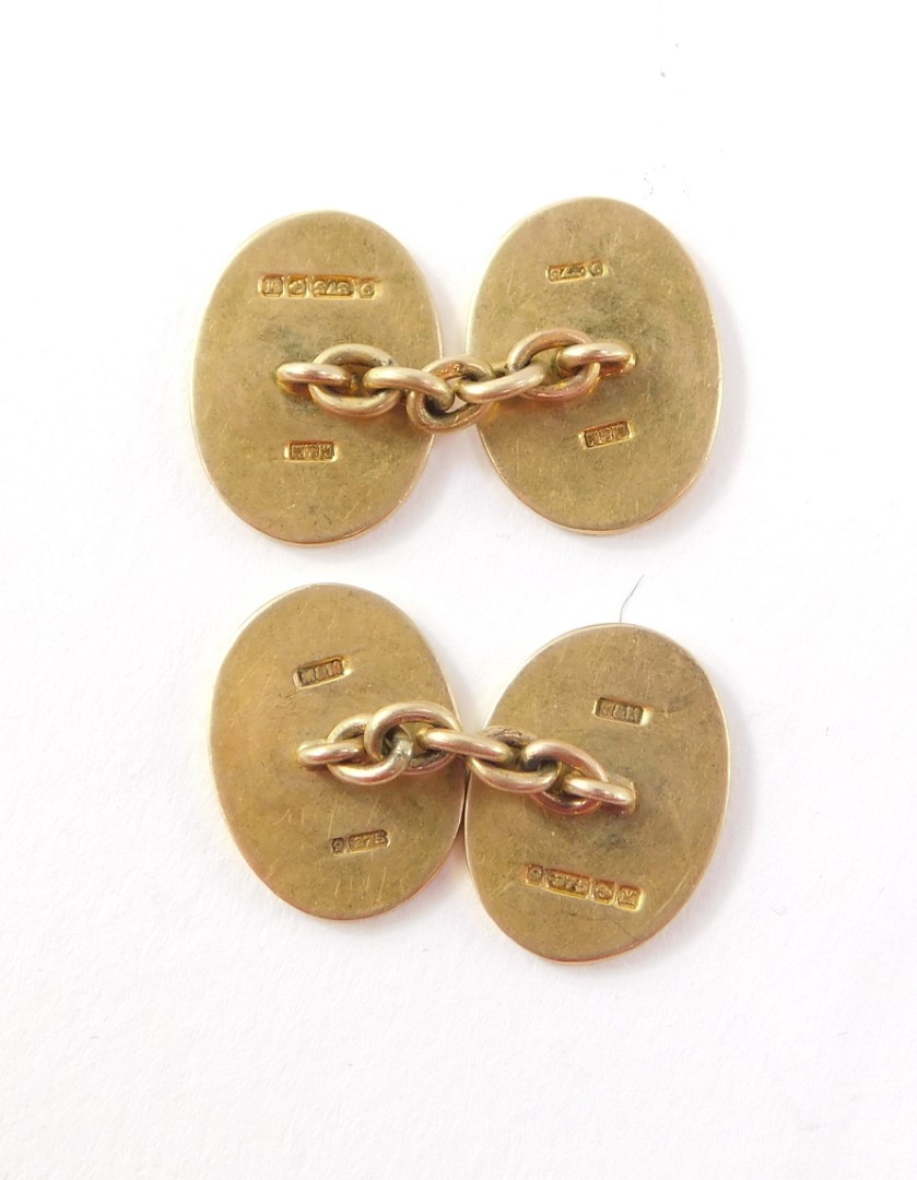 A pair of 9ct gold chain link oval cufflinks, monogram and date engraved, 11.3g. - Image 2 of 2