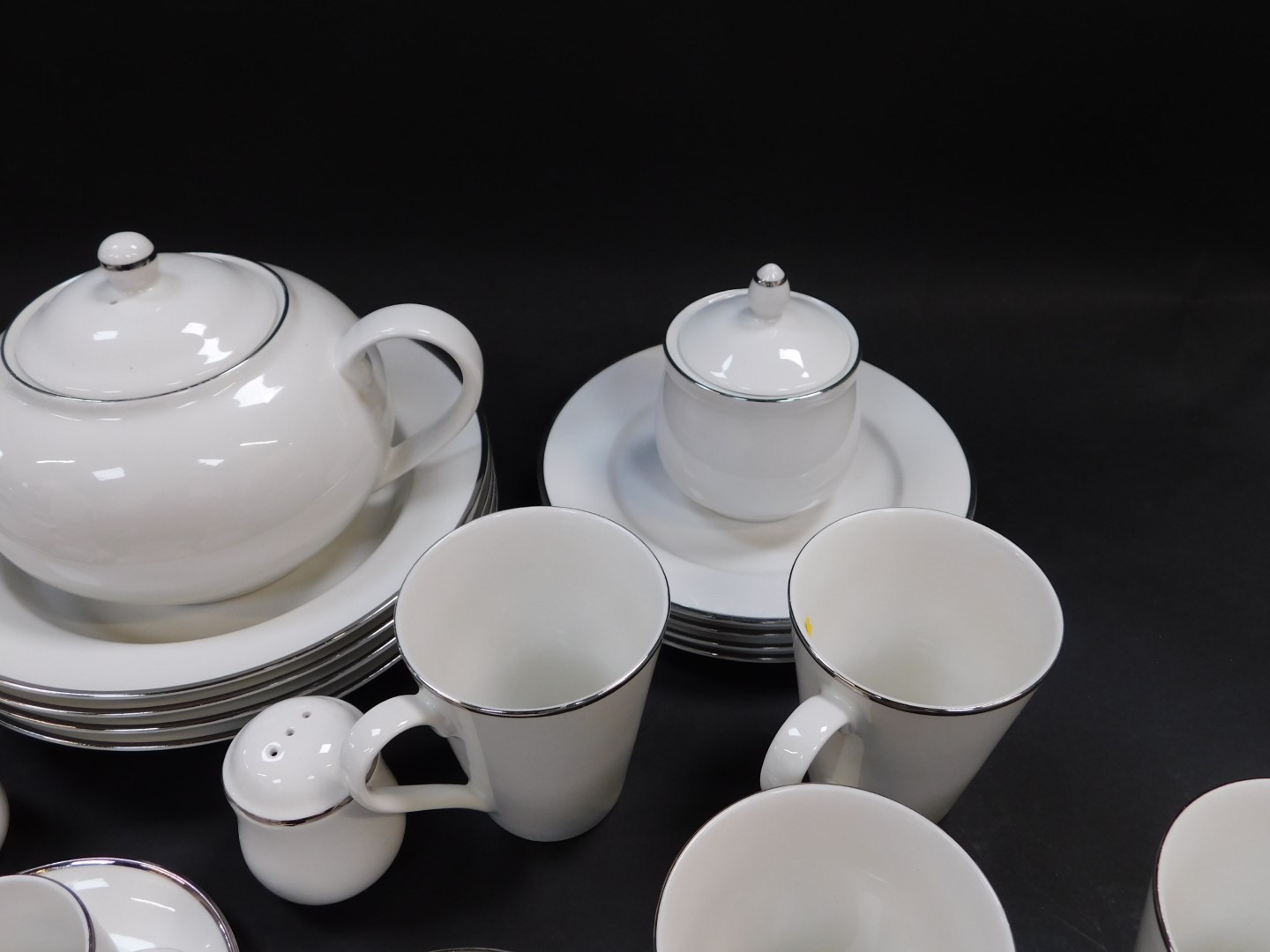 A Maxwell Williams porcelain part breakfast service, decorated in the White Platinum pattern, - Image 3 of 6