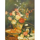 S Noesen (Continental, 20thC). Still life of fruit in a bowl, roses and other flowers in a basket,