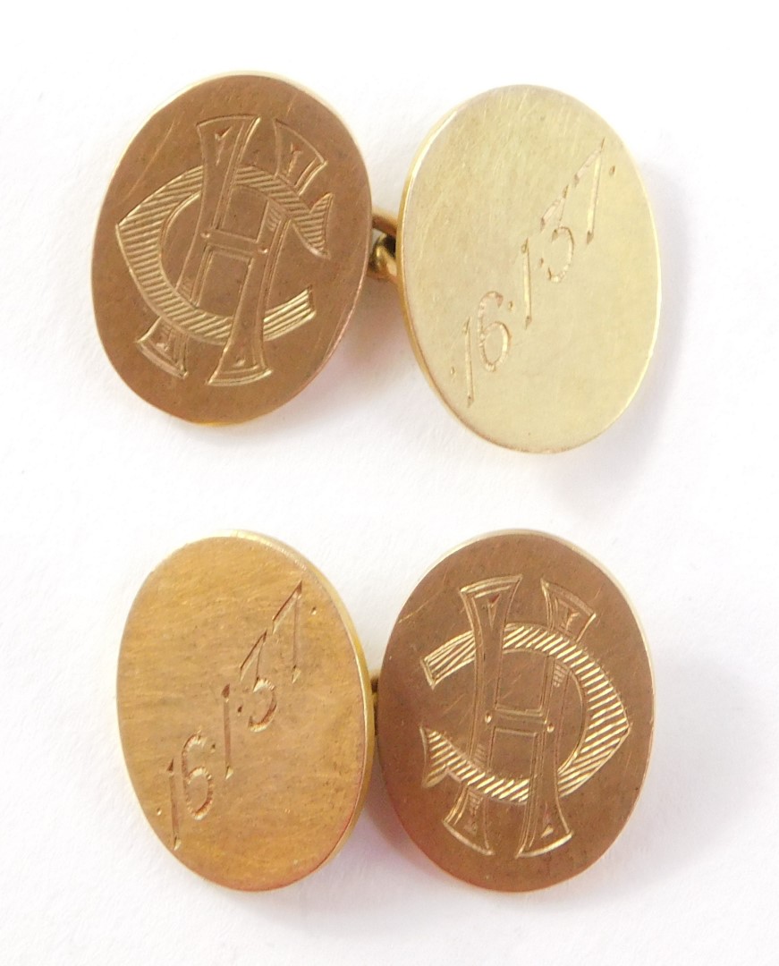 A pair of 9ct gold chain link oval cufflinks, monogram and date engraved, 11.3g.