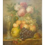 Continental School (Late 19thC). Still life of fruit, flowers, and wine in a glass, oil on board,