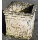 A stone rectangular planter, with urn finial and floral scrolls, 41cm high, 41cm wide, 41cm deep.