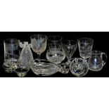 A group of modern and later glassware, to include glass pin dishes, wine glasses, modern art vase, t