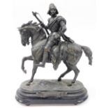 After E Laurent. Spelter figure of a rider on horseback with cross bow, with plaque Quentin Durward,