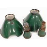 Two industrial light shades, each of domed design with green painted finish on hanging clasp, 50cm w